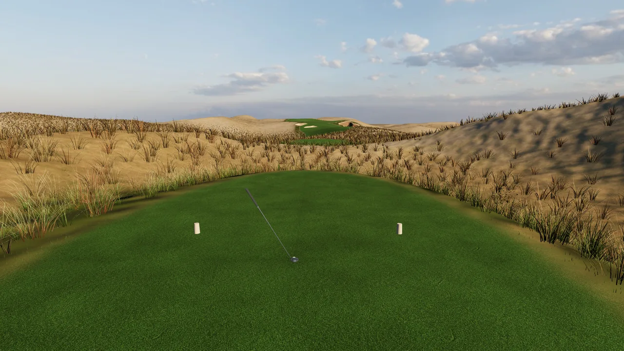 Actual Cowboy Dunes 13 starting tee, looking up the dune ridge to the green
