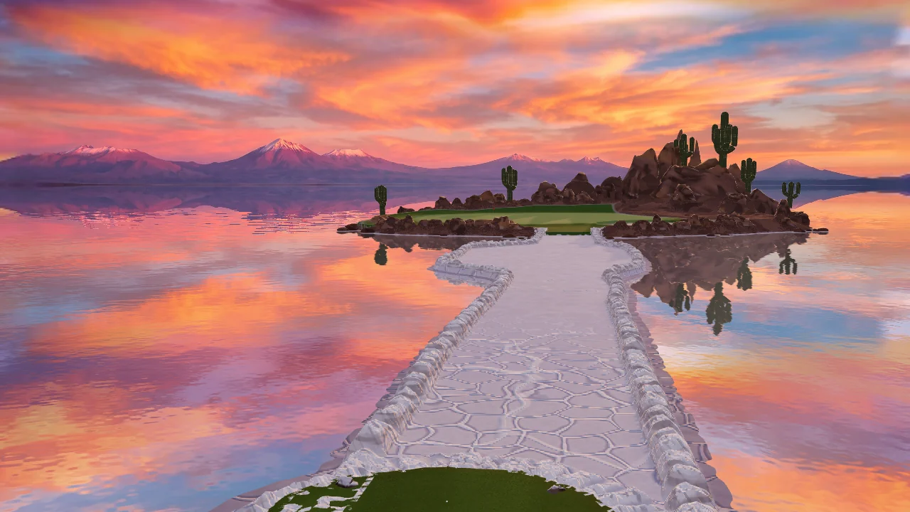 Actual Salina Alta starting tee, looking across the flooded salt flat to the island green