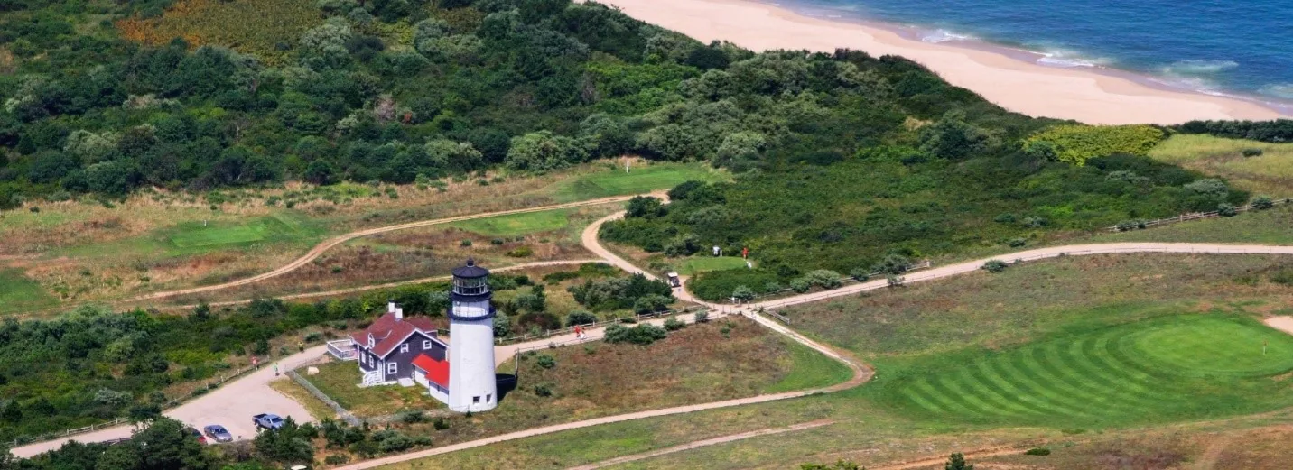 Highland Light and the surrounding Highland Links golf-course landscape in North Truro.