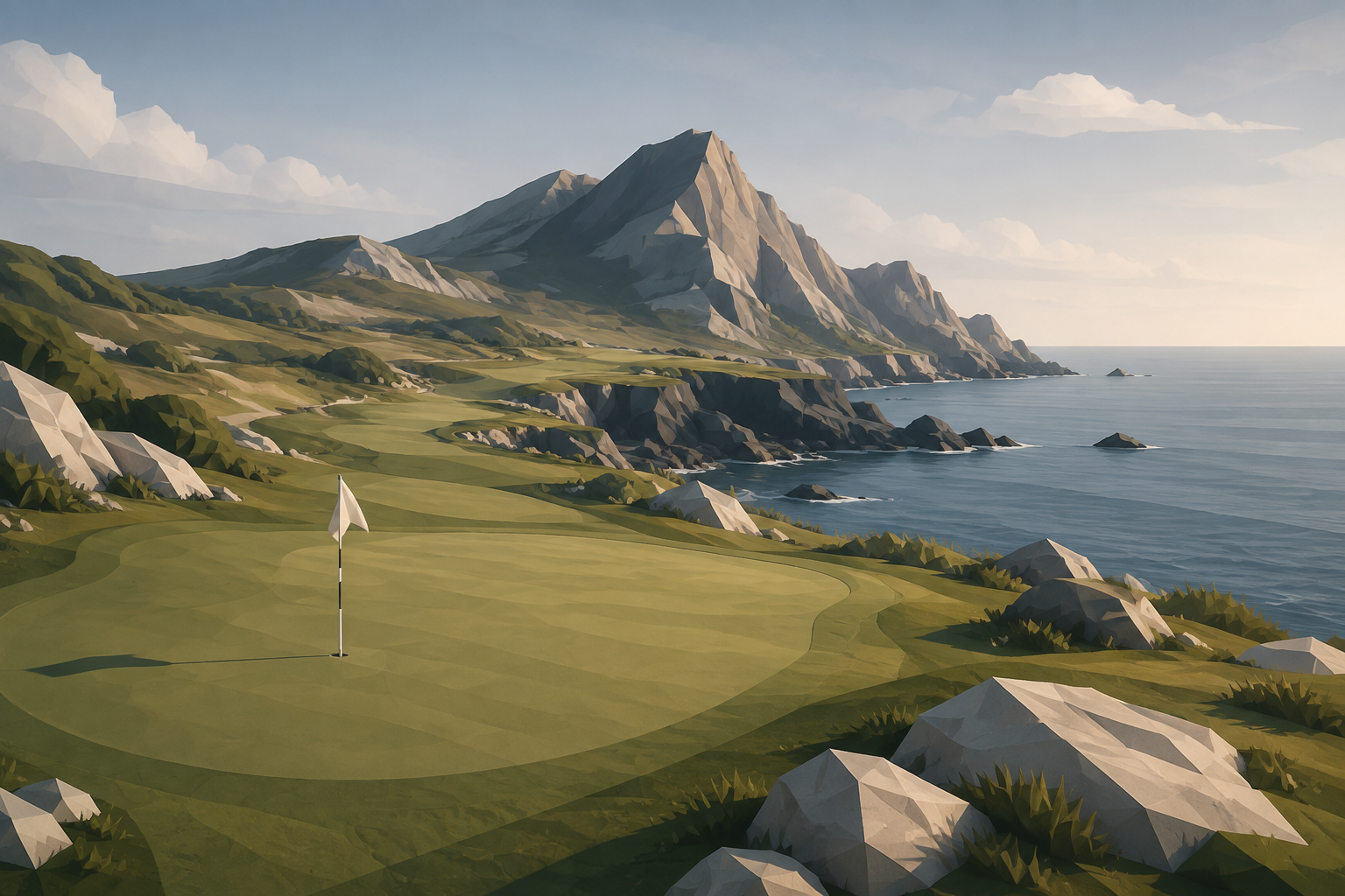 Concept artwork of a quiet coastal putting green beneath rocky mountains