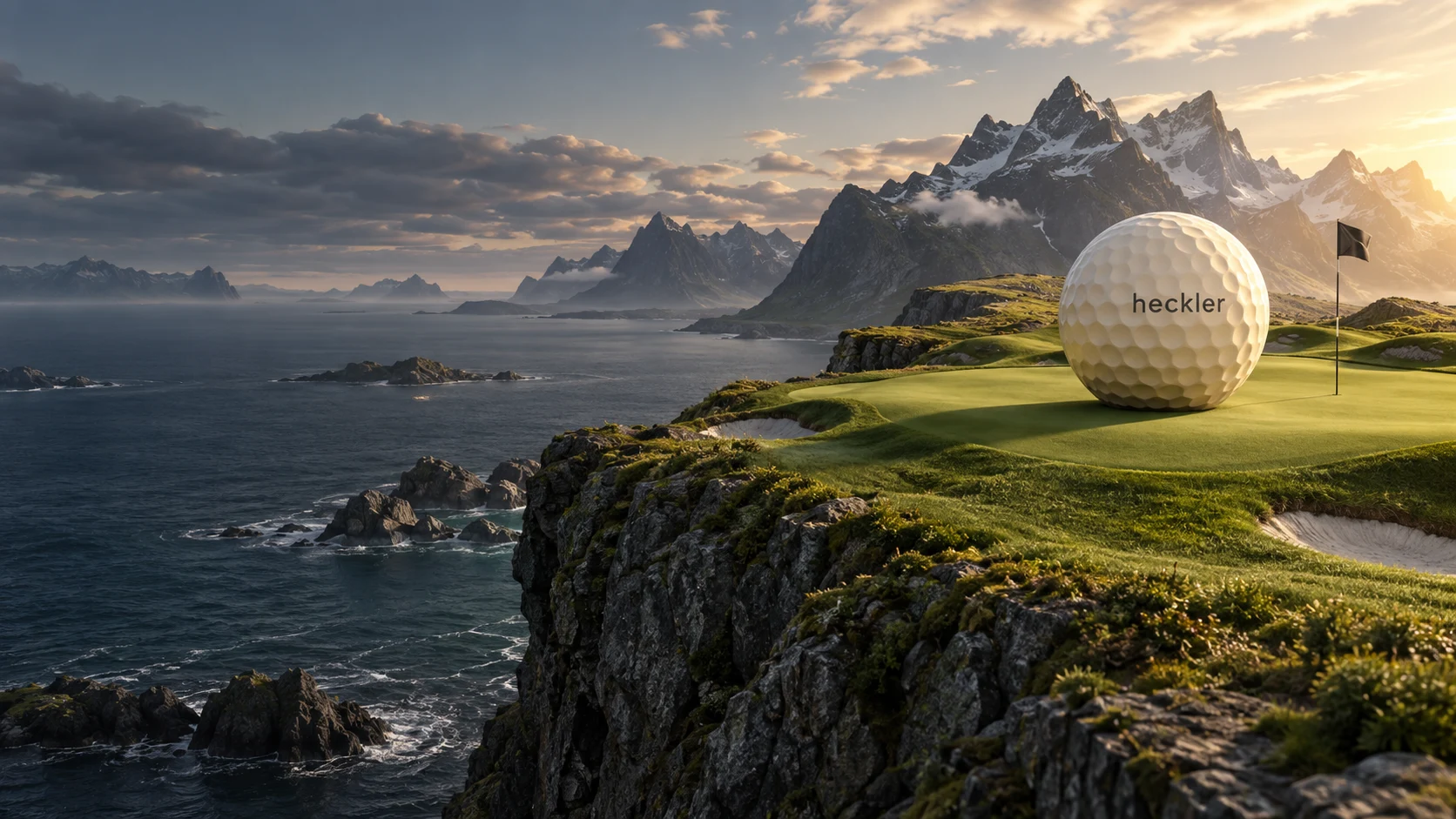 An imagined Heckler golf hole on a dramatic coastal cliff, with a giant branded golf ball beside the green.